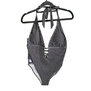 CCX Womens 14 One Piece Bathing Suit Black Gingham Plaid Lattice Cutout Swimsuit
